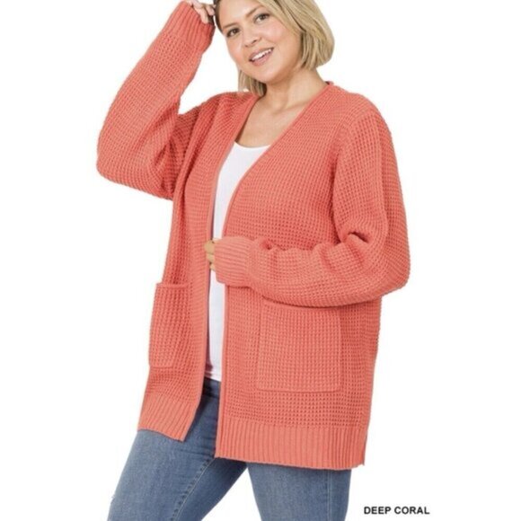 ZENANA Sweater Low Gauge Waffle Open Cardigan Casual Knit Plus Size 2X - Picture 1 of 2